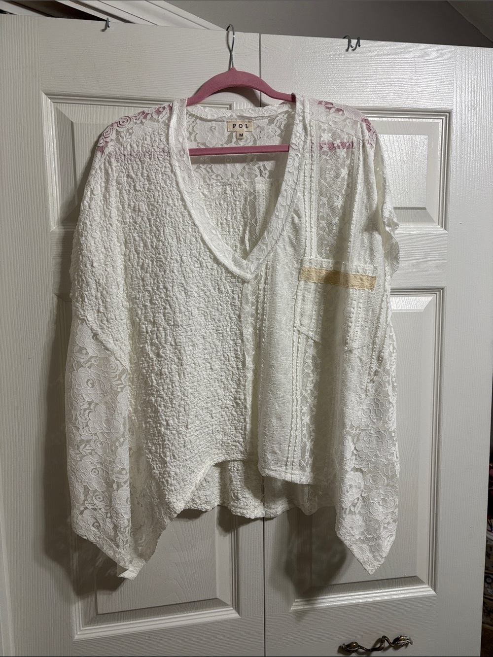 POL Ivory Lace & Textured V-Neck Blouse